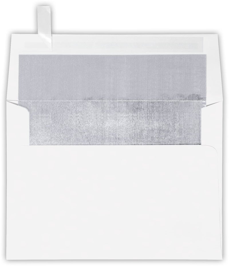LUXPaper A7 Foil Lined Invitation Envelopes | Peel & Press | 5 1/4" x 7 1/4" | White w/Silver LUX Lining | 60lb. Text | 50 Qty - Image 1
